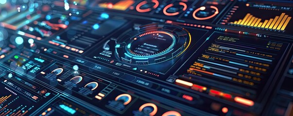 Aufkleber - Futuristic dashboard interface with vibrant neon colors, displaying various data metrics and controls for a captivating tech vibe.
