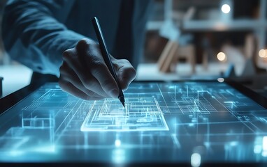 Fototapete - Close-Up of an Architect Using a Digital Stylus on a Tablet to Draw a Blueprint