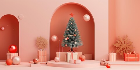 Wall Mural - A Christmas tree is surrounded by many gifts and decorations