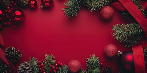 Wall Mural - A red background with a Christmas tree and red balls