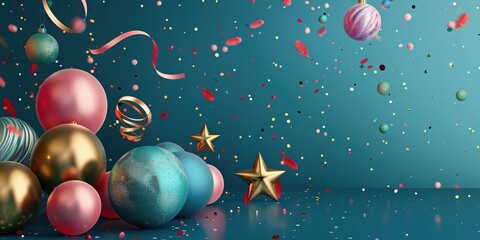 Wall Mural - A festive scene with a blue background and a bunch of colorful balls and stars