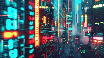 Poster - Futuristic cityscape with vibrant neon lights and digital interfaces, showcasing technology and innovation in a modern urban environment.