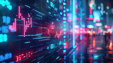 Poster - Vibrant digital stock market display showcasing fluctuating financial data with neon lights reflecting on a wet surface.