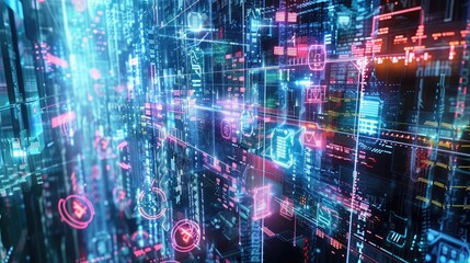 Aufkleber - Futuristic digital landscape showcasing data streams and vibrant abstract visuals, representing technology and innovation.