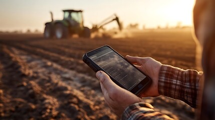 Fototapete - Close-Up of a Farmer Holding a Rugged Smartphone to Check Weather Data for Precision Farming