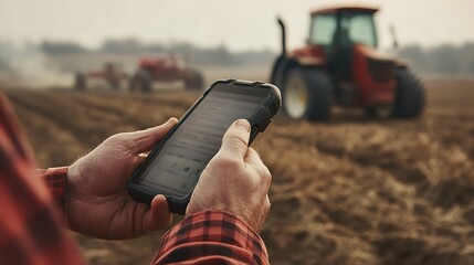 Fototapete - Close-Up of a Farmer Holding a Rugged Smartphone to Check Weather Data for Precision Farming