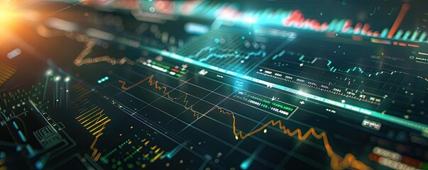 Poster - Dynamic stock market graph with digital elements showcasing financial data trends and geometric patterns.