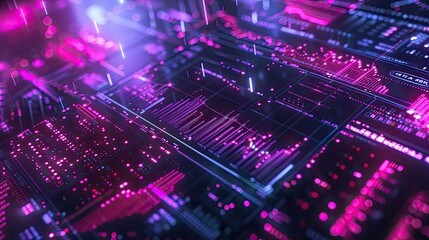 Poster - Vibrant abstract technology illustration showcasing a circuit board with glowing pink and purple lights and intricate patterns.