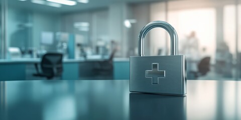 Poster - A padlock symbolizes the critical need for strong data security in healthcare, highlighting the urgency to protect sensitive patient information while maintaining privacy and trust