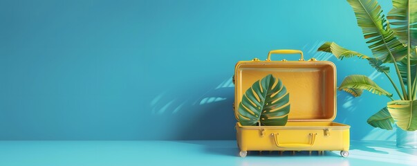 Wall Mural - Open Yellow Suitcase with Tropical Leaf and Blue Background