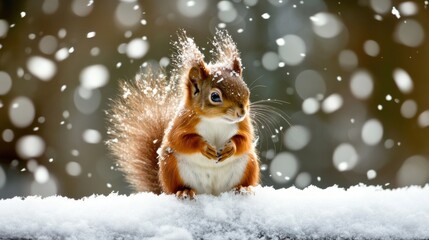 Wall Mural - A squirrel sitting on top of a snow covered surface, AI