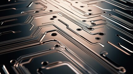 Poster - Close-up view of a circuit board with intricate patterns and metallic traces reflecting light
