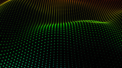 Poster - Green lights field, abstract technology design, fantastic dot wave neon glowing dots halftone pattern on black, 3D render illustration background.