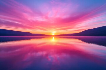 Canvas Print - Pink and Purple Sunset Over Calm Lake - Realistic Image