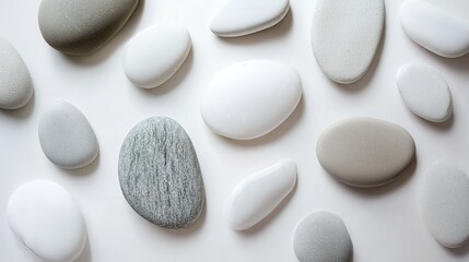 Poster - Natural smooth pebbles of various shades arranged on a light surface