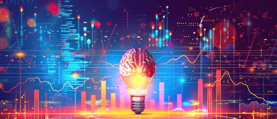 Abstract concept of artificial intelligence and data analysis illustrated by a glowing brain inside a lightbulb with digital data graphs.