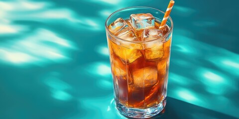 Canvas Print - Iced Beverage in Glass with Straw on Teal Surface