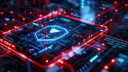 Poster - Futuristic technology illustration showcasing a secure digital shield on a circuit board, emphasizing cybersecurity concepts.