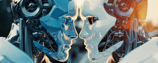 Aufkleber - Close-up of two futuristic robots facing each other, showcasing their intricate design and advanced technology.