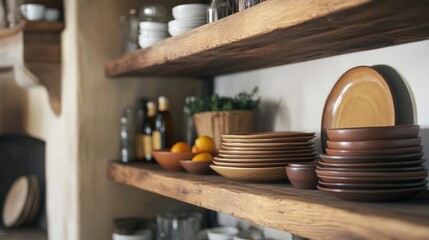 Wall Mural - A shelf filled with plates and bowls on a wooden counter, AI