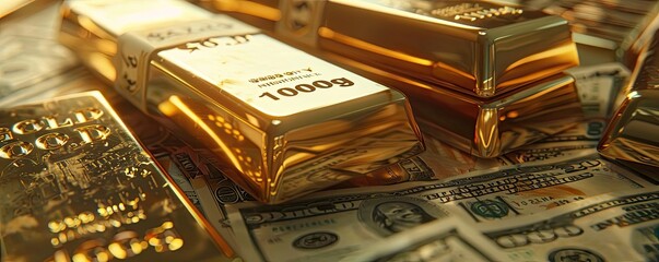 Aufkleber - A close-up view of gold bars resting on a bed of cash, illustrating wealth and investment potential.