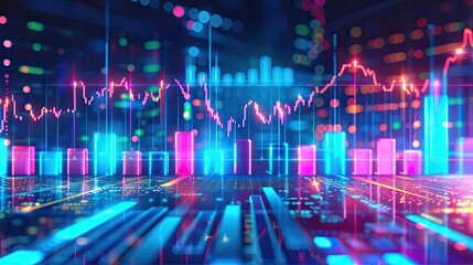Poster - Vibrant digital financial graph displaying data trends with colorful bars and lines on a futuristic background.