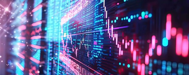 Poster - Vibrant digital stock market graph showcasing data trends with glowing lines and colorful bars, ideal for financial themes.