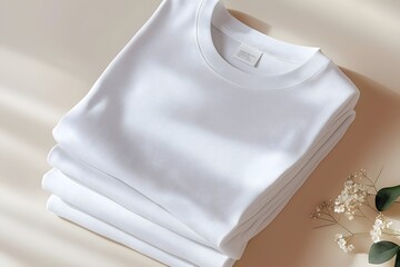 White t-shirt folded mockup, product presentation, print on demand blank. Copy space.