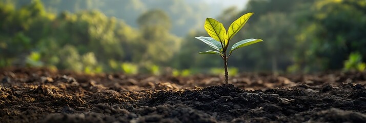 Wall Mural - Close-up of a Young Plant Growing in Soil with Blurred Green Background Photo