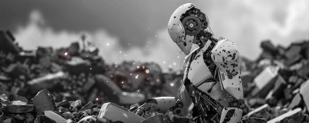 Aufkleber - A lonely robot stands amidst a pile of metal debris, symbolizing the remnants of technology and the passage of time.