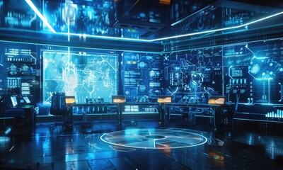 Poster - Futuristic control room with high-tech screens and glowing interfaces, showcasing advanced technology and data visualization.