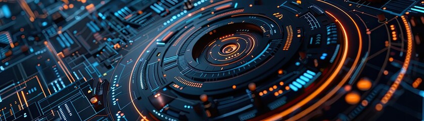 Poster - Futuristic technology background featuring vivid circuitry and glowing elements in vibrant blue and orange colors.