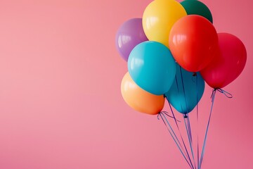 Colorful balloons with blue ribbons against a pink background.