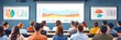 © Inlovehem - Business presentation with audience in a conference room, viewing statistical graphs and charts on large screens.
