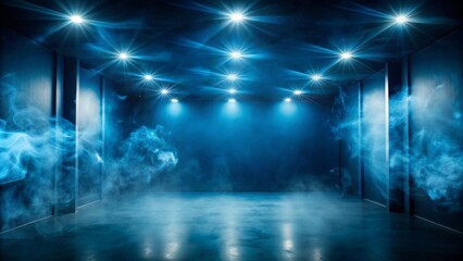 Wall Mural - An empty room illuminated by blue lights, filled with swirling smoke, creating a mysterious and atmospheric ambiance,generative ai 