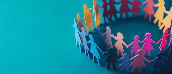 Colorful Paper People Holding Hands in a Circle on Blue Background, Colorful Paper People Holding Hands in a Circle on Blue Backgrou