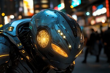 Poster - Futuristic robot in a neon-lit cityscape, representing advanced technology and artificial intelligence in a modern urban setting.