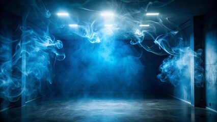 Wall Mural - An empty room illuminated by blue lights, filled with swirling smoke, creating a mysterious and atmospheric ambiance,generative ai 