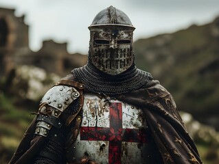 Knight in armor with a cross emblem stands in a rugged landscape under an overcast sky