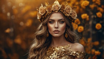 woman autumn goddess golden skin