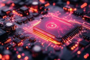 Poster - close-up of a glowing microchip on a circuit board with vibrant red and orange lights