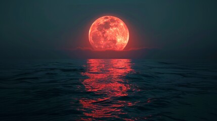 Wall Mural - Full moon rises over calm ocean waters during twilight, casting a red glow on the surface