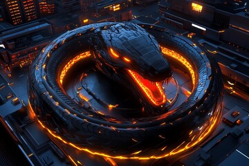 Aufkleber - Futuristic robotic snake coiled with glowing orange lights in a high-tech urban setting, creating a sci-fi atmosphere at nighttime.