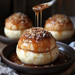 Wall Mural - Cookie crusted buns filled with creamy pudding, drizzled with caramel and sprinkled with sea salt, cookiecrusted buns pudding, sweet and salty dessert fusion