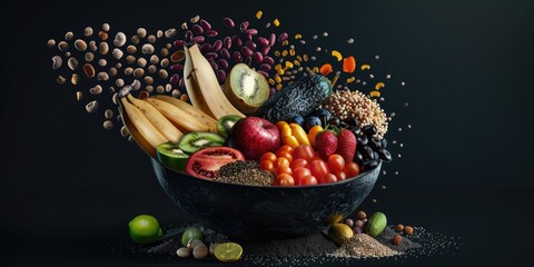 Bright colorful bowl of fresh fruit and nuts on dark background. Healthy food concept.