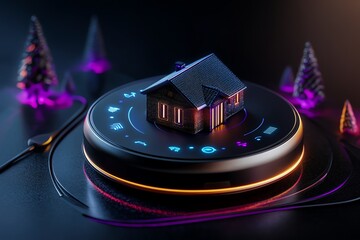 Aufkleber - Futuristic smart home concept with a miniature house model and digital interface, surrounded by neon lights and abstract elements.