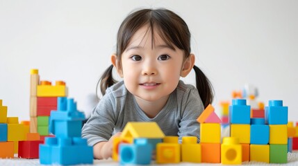 Minimalist child building with blocks, single block, white background