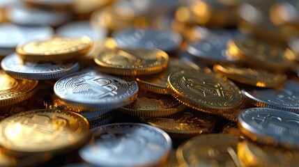 Aufkleber - A close-up view of shimmering gold and silver coins stacked together, showcasing their intricate designs and shiny surfaces.