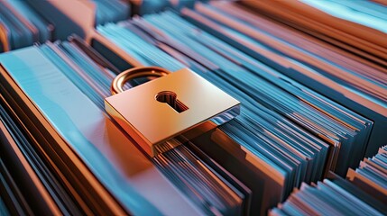 Aufkleber - A close-up of a golden lock placed on a stack of documents, symbolizing security and data protection in digital age.