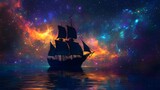 A magical ship sails across a serene ocean under a vibrant, star-filled galaxy sky, creating a mystical and enchanting atmosphere.